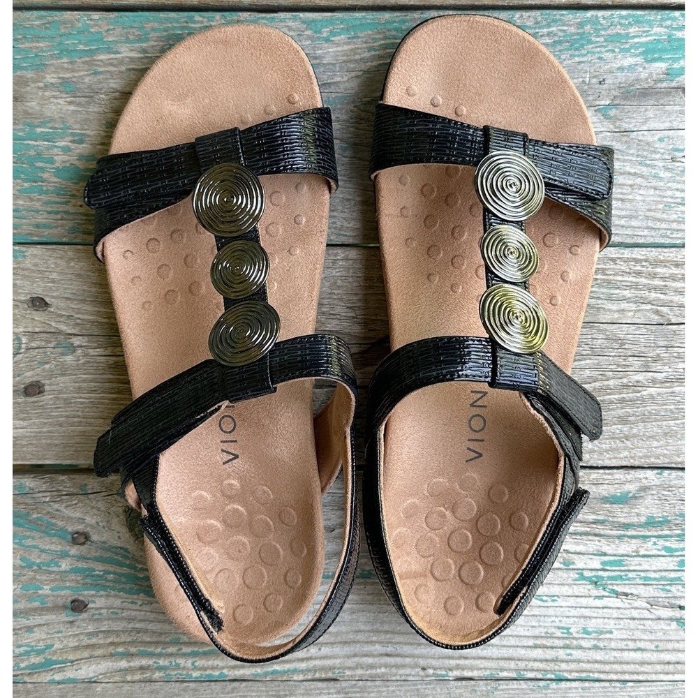 Vionic Farra II Sandals Women's Size 8 Black Silver Medallions Adjustable Strap